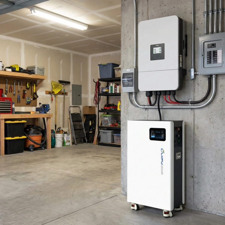 Magazyn energii LVFU 14,34 kWh z falownikiem hybrydowym Deye – montaż w garażu
