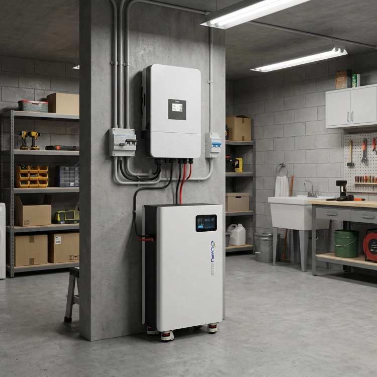 Magazyn energii LVFU 14,34 kWh w pomieszczeniu technicznym obok falownika