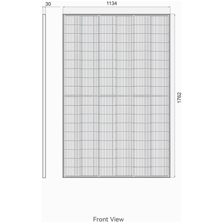 Hanersun 450W Bifacial - wymiary modulu 1762x1134x30 mm, widok od przodu