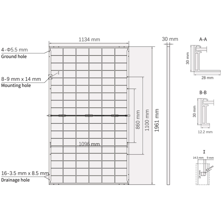 Astroenergy 515W - wymiary modulu 1961x1134x30 mm i profile ramy