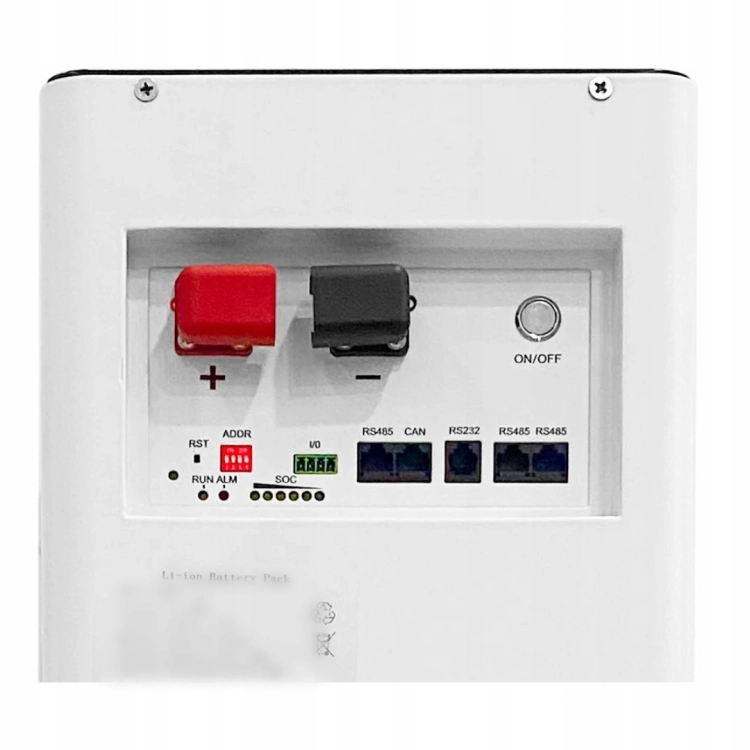 Panel przyłączeniowy magazynu LVFU 14,34 kWh - zaciski DC i porty komunikacyjne CAN, RS485, RS232