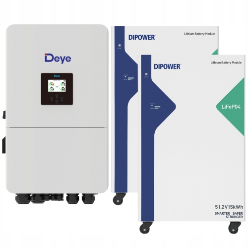 Zestaw: falownik hybrydowy Deye SUN-12K-SG05LP3 i dwa magazyny energii DiPower - widok z przodu