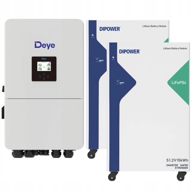 Zestaw: falownik hybrydowy Deye SUN-12K-SG05LP3 i dwa magazyny energii DiPower - widok z przodu
