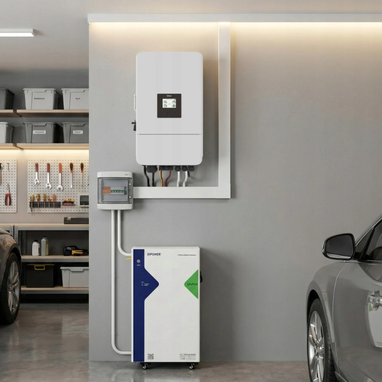 Falownik Deye i magazyn energii DiPower zamontowane na scianie w garazu - wizualizacja instalacji