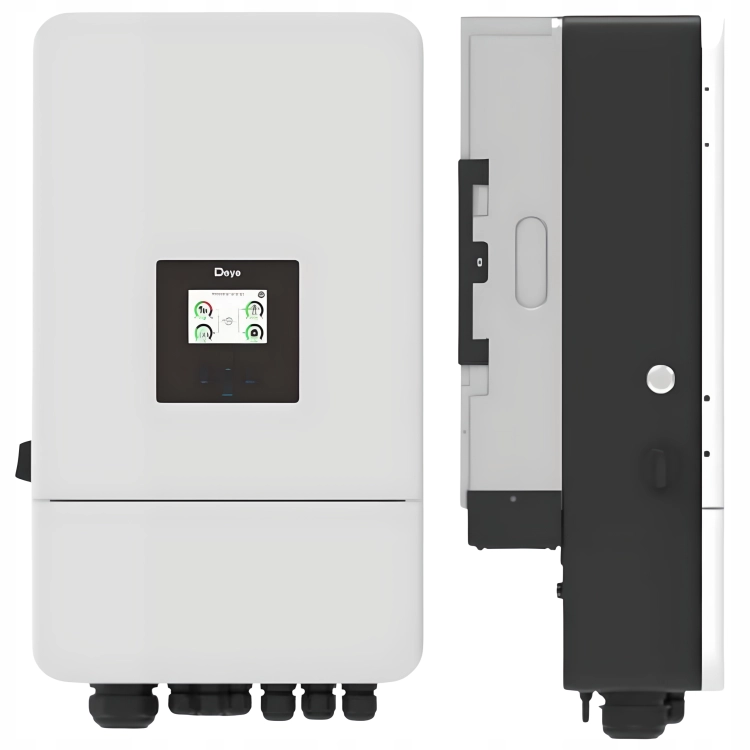 Falownik hybrydowy Deye SUN-12K-SG05LP3 - widok z przodu z panelem LCD oraz widok z boku obudowy