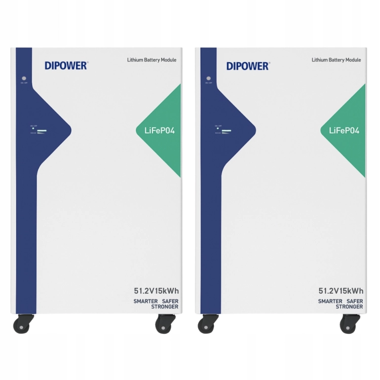 Dwa magazyny energii DiPower LiFePO4 51,2 V ustawione obok siebie - widok frontow na kolkach