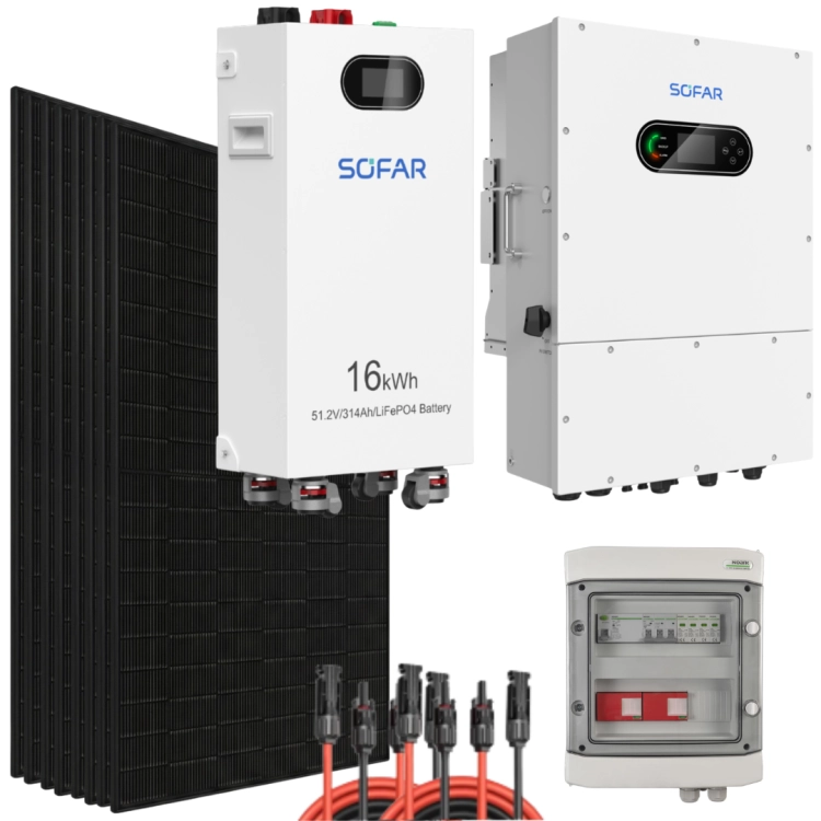 Zestaw fotowoltaiczny Sofar 10 kW z magazynem Sofar 16 kWh, panelami JA Solar Full Black, skrzynką rozdzielczą i przewodami solarnymi