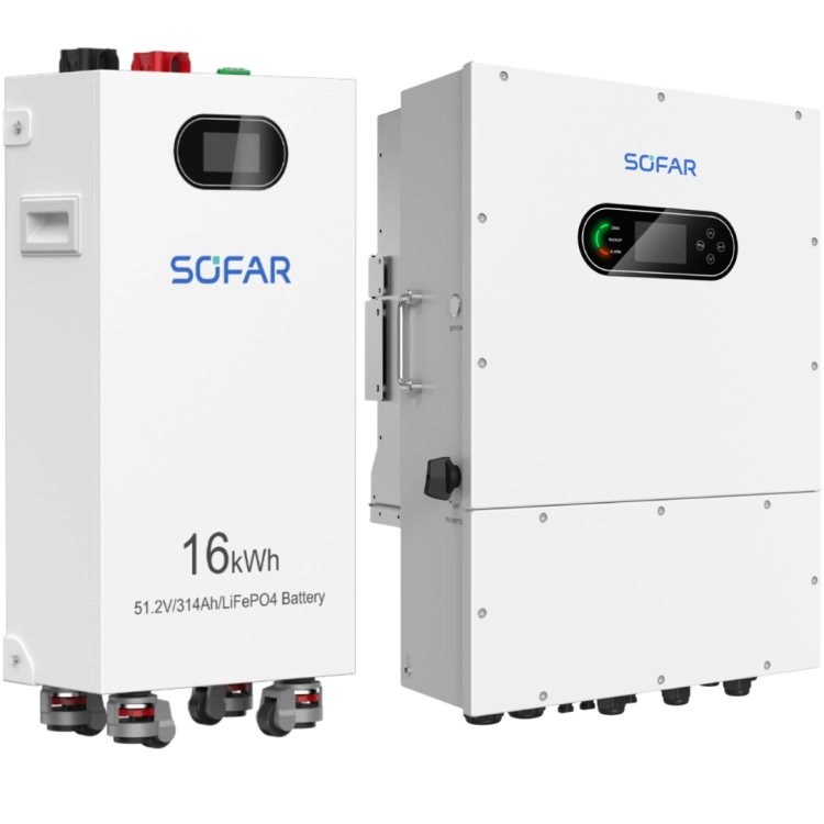 Magazyn energii Sofar 16 kWh obok falownika Sofar HYD-10K-LT1 – widok z boku