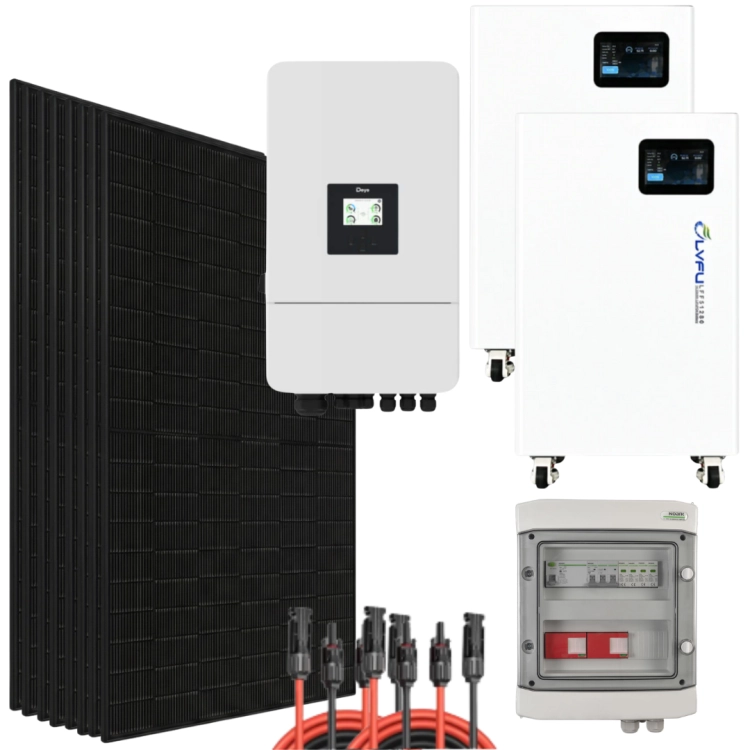 Zestaw fotowoltaiczny Deye 10 kW z dwoma magazynami LVFU 14,34 kWh, panelami JA Solar Full Black, rozdzielnicą i przewodami solarnymi